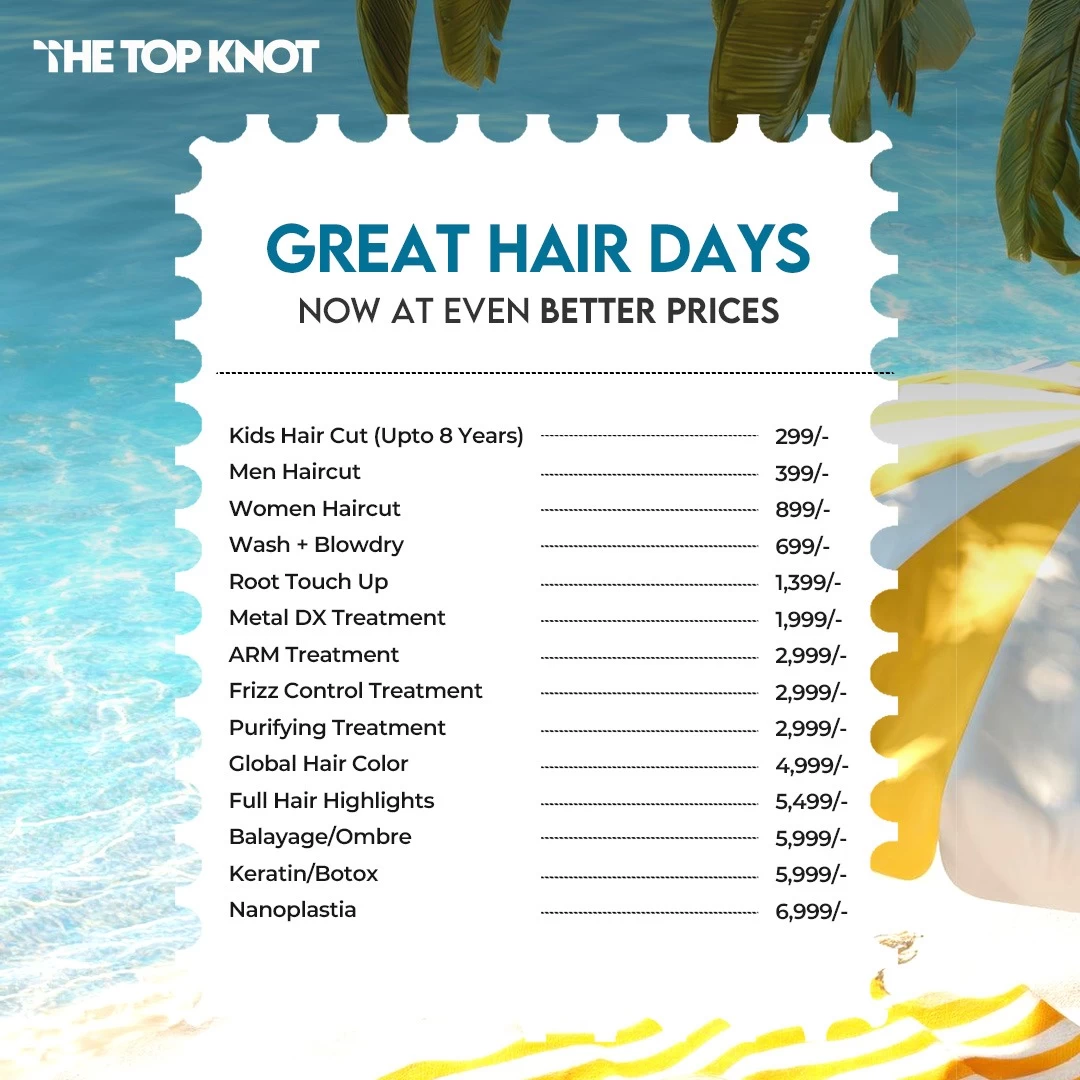Promotional poster by The Top Knot featuring summer hair service offers, including haircuts, hair color, treatments, highlights, keratin, and nanoplastia at special prices.
